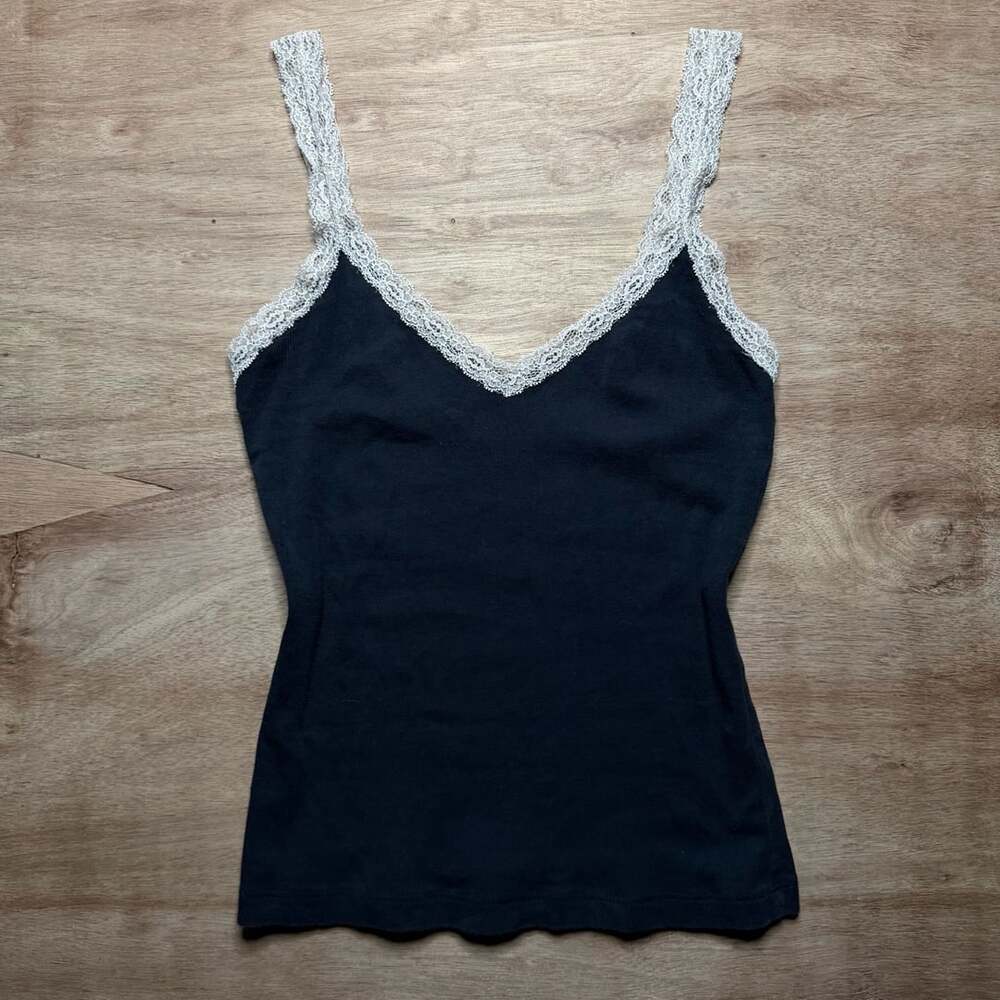 Blue Lace Trim Cami Tank Top Coquette Balletcore Fitted Stretch XS